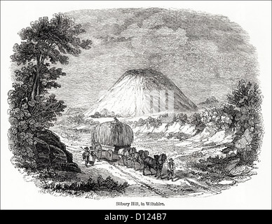 Silbury Hill in der Nähe von Avebury Wiltshire ein prähistorischer Mann gemacht Kreide Hügel. Viktorianischen Holzschnitt, Kupferstich, ca. 1845 Stockfoto