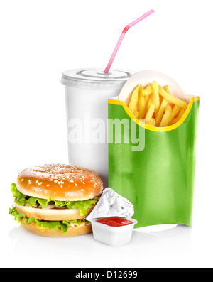 Sandwich mit Pommes frites isoliert auf weißem Hintergrund Stockfoto