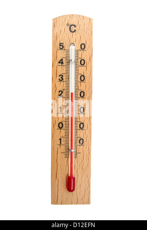 Hölzerne Thermometer Closeup auf weißem Hintergrund Stockfoto