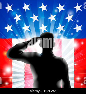 Amerikanische uns militärische Soldat in der Silhouette in uniform salutieren vor einer amerikanischen Flagge Hintergrund. Stockfoto