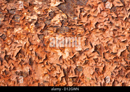 Detail der abstrakten Muster gebildet durch Rost und orange Farbe auf Metall Stockfoto