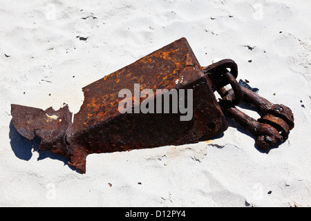 Rostige Anker mit Kette und Schäkel am Strand liegen Stockfoto