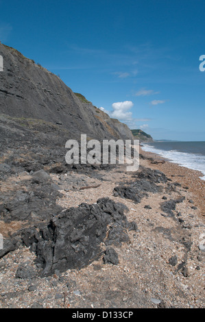 Rock fallen und Schlammlawinen auf weichen Klippen am Charmouth, Dorset, UK. Sehen Sie East in Richtung Golden Cap in Ferne zu sehen. Juli. Stockfoto