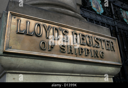 London, UK, Schild mit der Aufschrift Lloyds Register of Shipping. Stockfoto