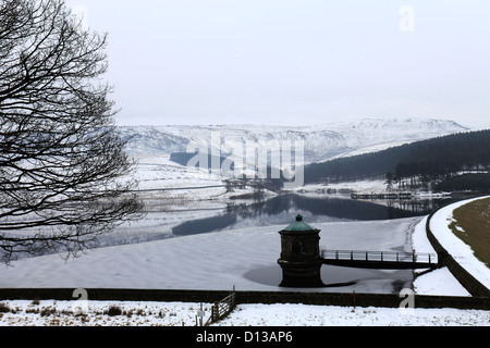 Winterschnee über Kinder Stausee in der Nähe des Dorfes Hayfield, High Peak, Peak District National Park, Derbyshire, England, UK Stockfoto