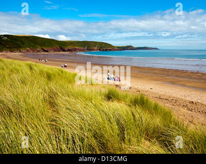 Strand bei Freshwater East ein Dorf am Meer in Pembrokeshire Coast National Park South Wales Großbritannien mit Dünengebieten Grass vor Stockfoto