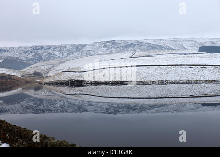 Winterschnee über Kinder Stausee in der Nähe des Dorfes Hayfield, High Peak, Peak District National Park, Derbyshire, England, UK Stockfoto