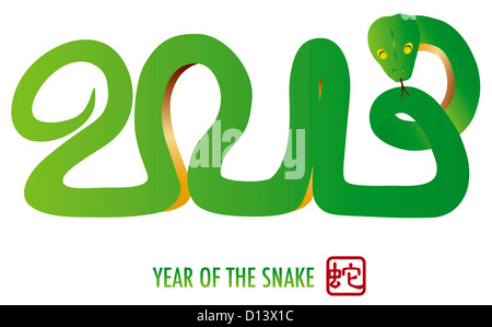Chinese Lunar New Year Green Snake Silhouette bilden 2013 mit chinesischen Stempel mit Schlange Symbol Abbildung Stockfoto
