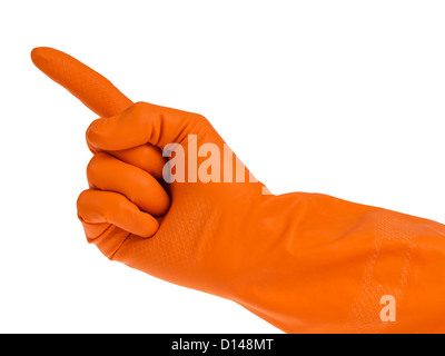 Hand in orange Handschuh zeigt mit dem Finger isoliert auf weiss Stockfoto