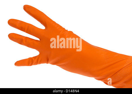 Hand in orange Handschuh zählen vier isoliert auf weiss Stockfoto