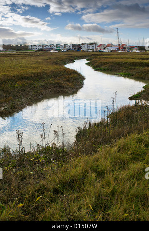 Ein Bach im stimmungsvollen Tollesbury Saltings in Essex. Stockfoto