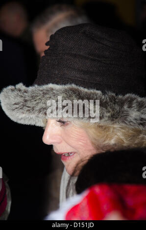 Tetbury, Gloucestershire, England am 7. Dezember 2012. Prinz Charles, Herzog von Cornwall und die Herzogin von Cornwall Einschalten der Weihnachtsbeleuchtung in Tetbury. Stockfoto