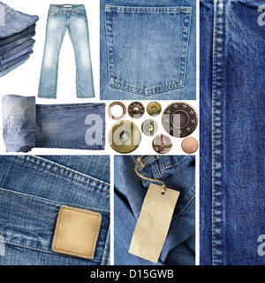 Jeanskollektion Elements. Inkl. Nahaufnahme Texturen, Hose, Knöpfe, Nieten, Etiketten. Stockfoto