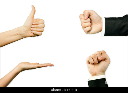 Männliche und weibliche Hände Gesten Satz, isoliert auf weiss Stockfoto