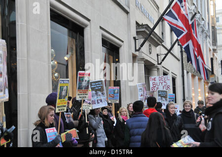 New Bond Street, London, UK. 8. Dezember 2012. CAFT Demonstranten halten Plakate und Banner außerhalb Burberry New Bond Street. Die "Kampagne gegen den Pelzhandel, [CAFT]" Gruppe einen Protest außerhalb der Burberry-Store in der New Bond Street gegen den Verkauf von Pelzprodukten zu inszenieren. Stockfoto