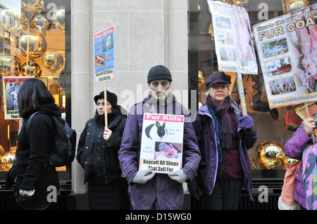 New Bond Street, London, UK. 8. Dezember 2012. CAFT Demonstranten halten Plakate und Banner außerhalb Burberry New Bond Street. Die "Kampagne gegen den Pelzhandel, [CAFT]" Gruppe einen Protest außerhalb der Burberry-Store in der New Bond Street gegen den Verkauf von Pelzprodukten zu inszenieren. Stockfoto