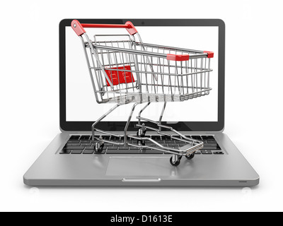 E-Commerce. Warenkorb auf Laptop. Konzeptbild. Stockfoto
