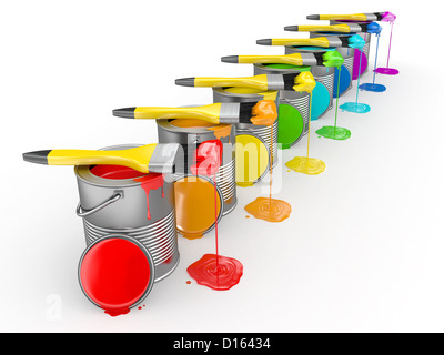 Farbe und Pinsel in die Farben des Regenbogens. 3D Stockfoto