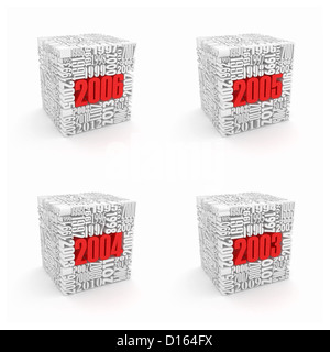 Neues Jahr 2006, 2005, 2004, 2003. Cube, bestehend aus den Zahlen. 3D Stockfoto