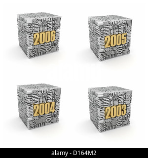 Neues Jahr 2006, 2005, 2004, 2003. Cube, bestehend aus den Zahlen. 3D Stockfoto