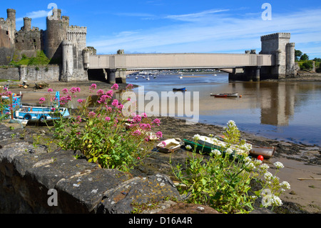 Robert Stephensons historische Rohreisenbahn-Brücke über den Fluss Conwy riverside blaue Himmel Landschaft neben Conwy Castle Clwyd North Wales VEREINIGTES KÖNIGREICH Stockfoto