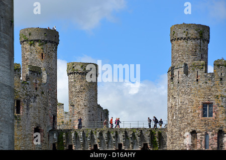 Touristen, die in den Mauern und Türmen der mittelalterlichen historischen Conwy Castle Ruinen im Norden von Wales Großbritannien auf einem blauen Himmel Tag, Stockfoto