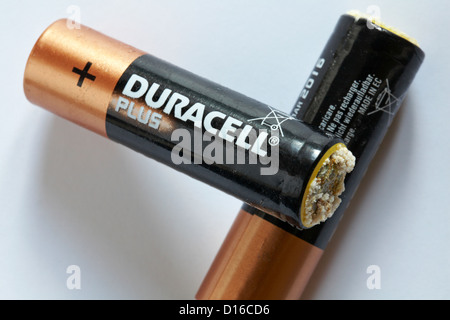 Zwei 2 korrodierte Duracell Plus-Batterien auf weißem Hintergrund Stockfoto