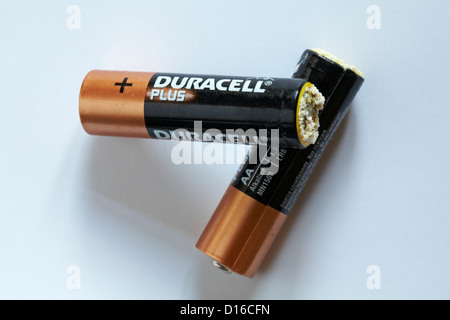 Zwei 2 korrodierte Duracell Plus-Batterien isoliert auf weißem Hintergrund Stockfoto