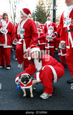 Glasgow, Schottland. Sonntag, 9. Dezember 2012 genannt Anne McKay, ursprünglich aus London, lebt in Glasgow, mit ihrem 15 Monate alten Mops Hund Mylo zum Jahresbeginn der Santa Dash Nächstenliebe Volkslauf gesponsert von der Daily Record. Alamy Live-Nachrichten Stockfoto