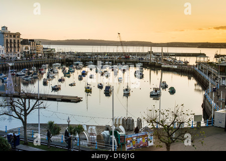 Marina Torquay, Devon, England. 8. Dezember 2012. Der Yachthafen mit Restaurants, Cafés und Sitzgelegenheiten im Freien und Weihnachtsbaum. Stockfoto