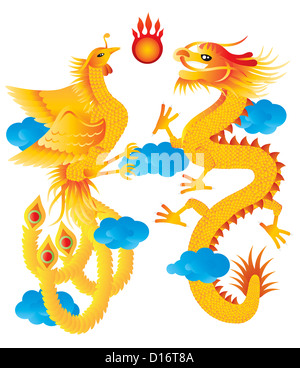 Drache und Phoenix Symbole für chinesische Hochzeit mit flammenden Ball blau Wolken Illustration, Isolated on White Background Stockfoto