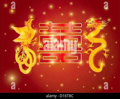Drache und Phoenix Symbole für chinesische Hochzeit mit flammenden Ball