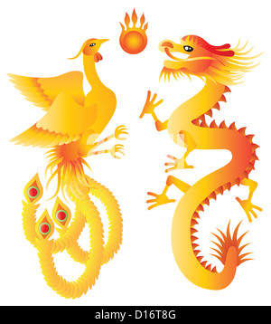 Drache und Phoenix Symbole für chinesische Hochzeit mit flammenden Ball-Illustration, Isolated on White Background Stockfoto