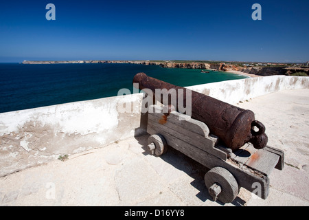 Sagres, Portugal, Kanone auf die Fortaleza de Sagres Stockfoto