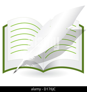 Illustration, Feder und Openning Copy-Buch auf weißem Hintergrund Stockfoto