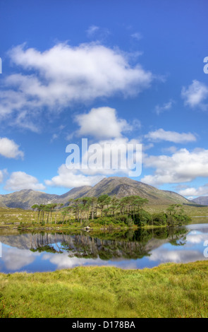 Bergige Landschaft spiegelt sich in Derryclare Lough, im Inagh Valley, County Galway, Irland. Stockfoto