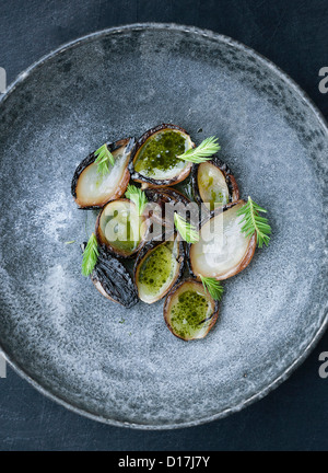 Schüssel mit Austern mit Kräutern Stockfoto