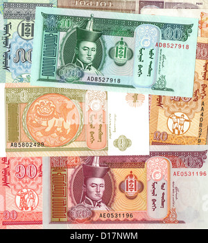 Hintergrund der Mongolei Tugrik Geld Banknoten Stockfoto