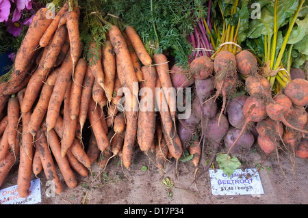 Wurzelgemüse, Karotten und rote Beete, auf dem Display auf einen Bauernmarkt. Stockfoto