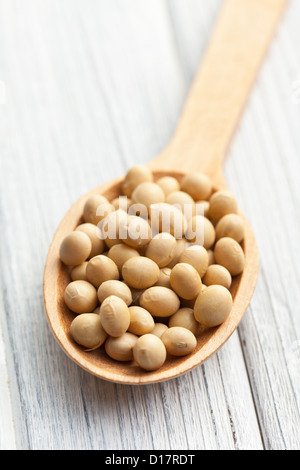 die Sojabohnen in Holzlöffel Stockfoto