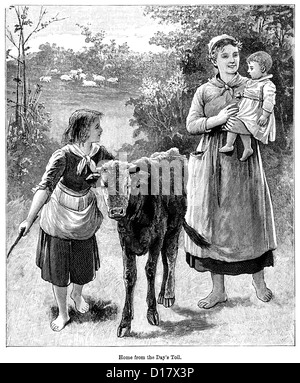 Viktorianische Gravur der Landwirte-Familie auf dem Weg nach Hause nach einem harten Arbeitstag auf der Farm, 1897 Stockfoto