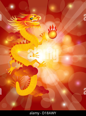 Chinese Lunar New Year Drache mit Flaming Pearl auf Wolken und rote Bokeh Hintergrund Illustration Stockfoto