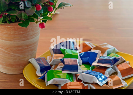 Weihnachten Callunen plant in Pot und bunte Bonbons in Schüssel geben. Stockfoto