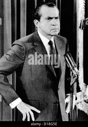 Präsident Richard Nixon in einer Pressekonferenz. Er reagierte auf die bundesweite Anti-Kriegs-Proteste von seinem kambodschanischen Einfall, aber Stockfoto