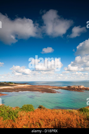 Ein Blick über Longis Bay und Fort Raz auf Alderney, Kanalinseln Stockfoto