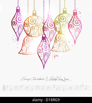 Zeitgenössische Frohe Weihnachten Kugeln und Musik beachten Sie Hintergrund. EPS10 Abbildung mit Transparenzen geschichtet für einfache Handhabung und individuelle Farbgebung. Stockfoto