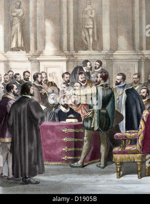 Die Diät der Endlosschrauben, 1521. Der Kaiser Charles V den Vorsitz. Farbige Gravur. Stockfoto