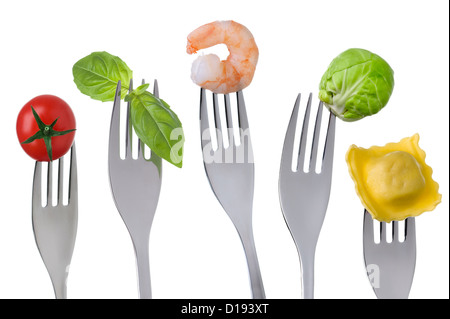 Gruppen von gesunden Lebensmitteln für eine ausgewogene Ernährung Protein-Kohlenhydrat-Obst und Gemüse. Ernährungskonzept. Stockfoto