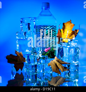 Fiji Wasser in kalten, blauen Einstellung mit Eiswürfel und Blätter im Herbst Stockfoto