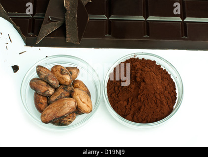 Kakaobohnen, Kakao-Pulver in weißen Schalen und Schokolade Bar isoliert Stockfoto